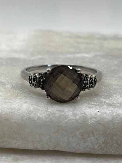 925 Sterling Silver Faceted Smoky Quartz Trilogy Ring - Size S