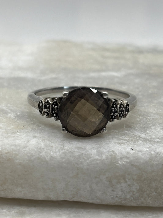 925 Sterling Silver Faceted Smoky Quartz Trilogy Ring - Size S