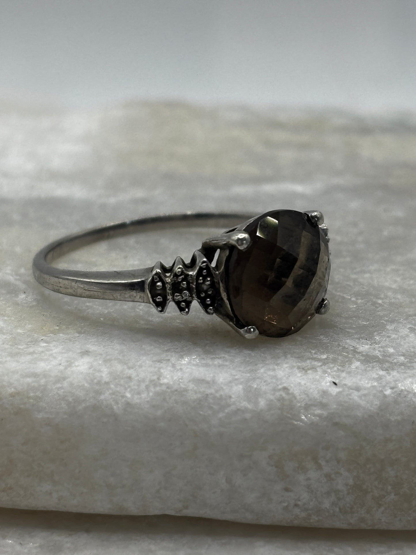 925 Sterling Silver Faceted Smoky Quartz Trilogy Ring - Size S