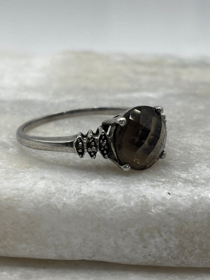 925 Sterling Silver Faceted Smoky Quartz Trilogy Ring - Size S