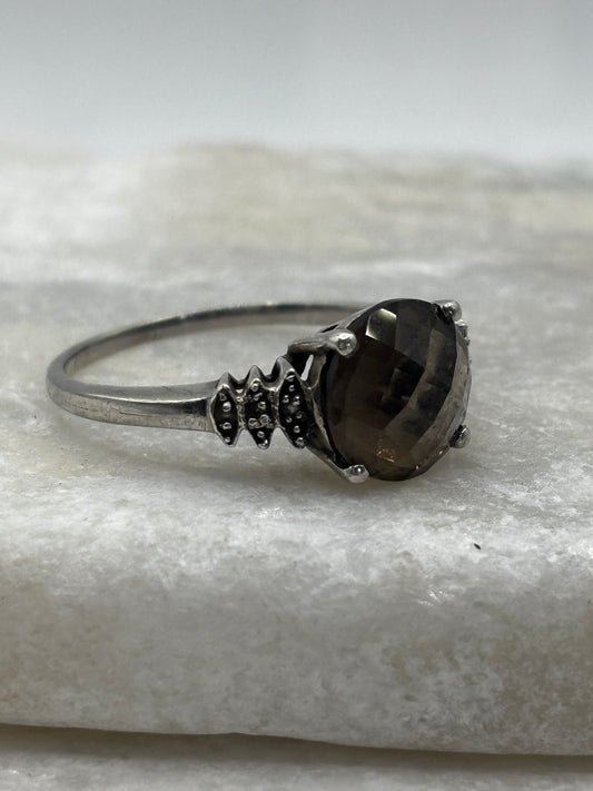 925 Sterling Silver Faceted Smoky Quartz Trilogy Ring - Size S