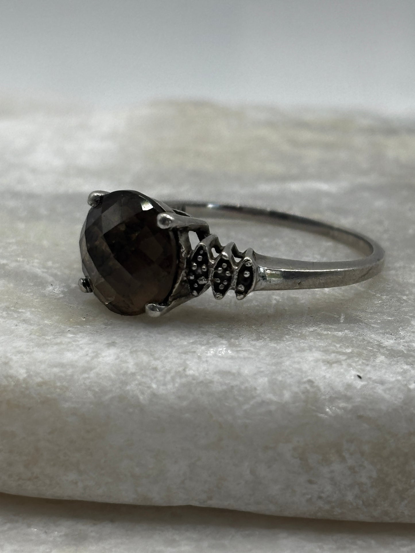 925 Sterling Silver Faceted Smoky Quartz Trilogy Ring - Size S