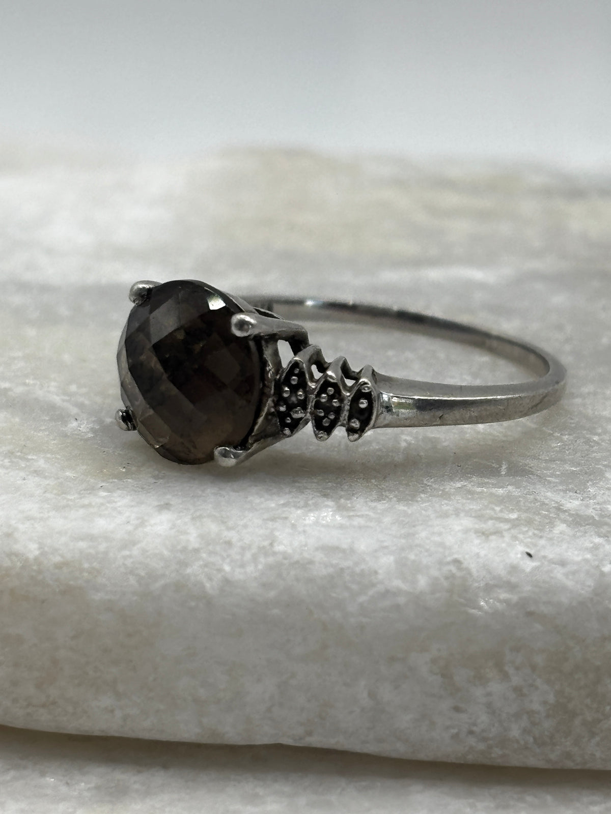 925 Sterling Silver Faceted Smoky Quartz Trilogy Ring - Size S