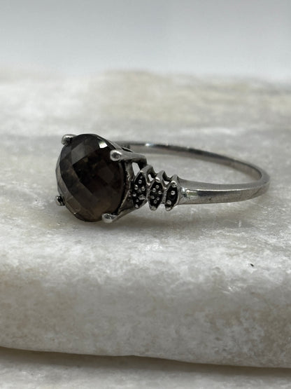 925 Sterling Silver Faceted Smoky Quartz Trilogy Ring - Size S