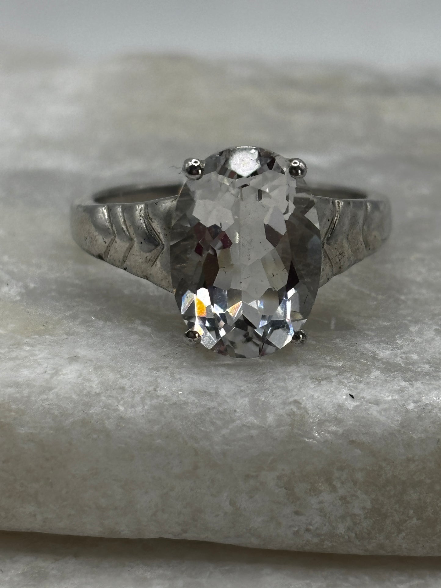 925 Sterling Silver Faceted Clear Quartz Solitaire Statement Ring - Size U