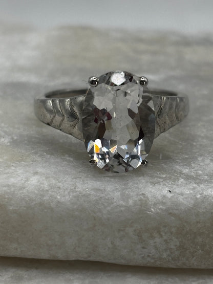 925 Sterling Silver Faceted Clear Quartz Solitaire Statement Ring - Size U