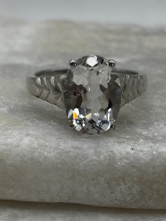 925 Sterling Silver Faceted Clear Quartz Solitaire Statement Ring - Size U