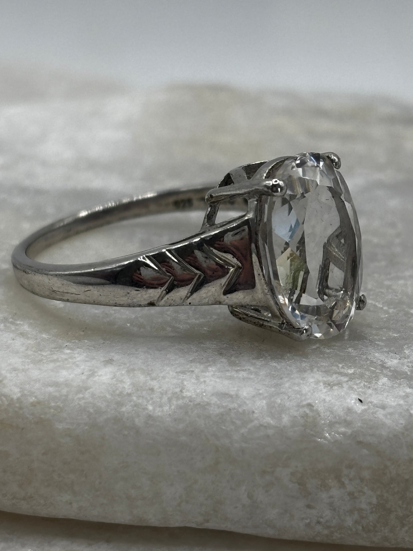 925 Sterling Silver Faceted Clear Quartz Solitaire Statement Ring - Size U