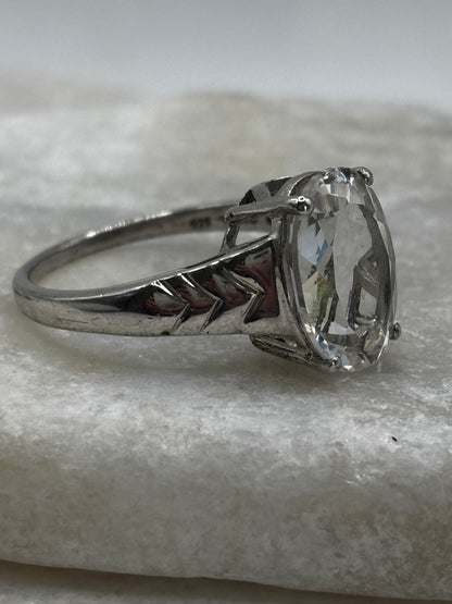 925 Sterling Silver Faceted Clear Quartz Solitaire Statement Ring - Size U