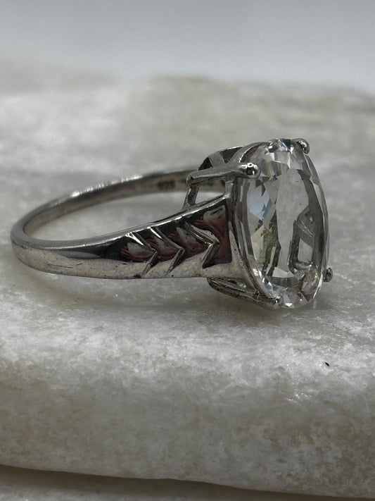 925 Sterling Silver Faceted Clear Quartz Solitaire Statement Ring - Size U