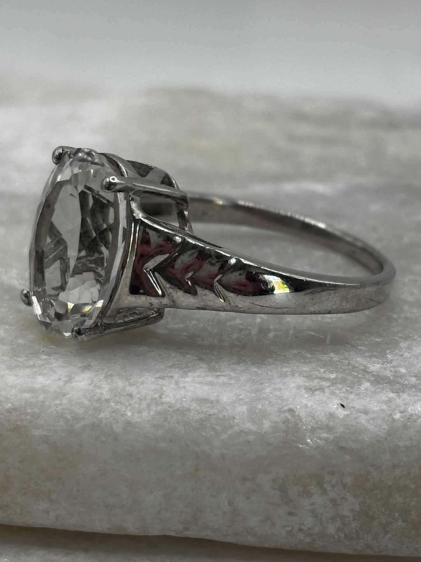925 Sterling Silver Faceted Clear Quartz Solitaire Statement Ring - Size U