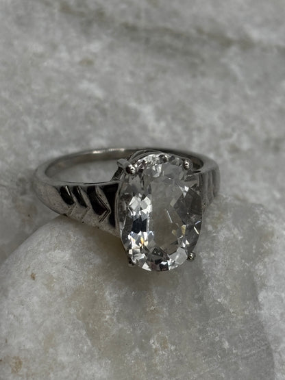 925 Sterling Silver Faceted Clear Quartz Solitaire Statement Ring - Size U