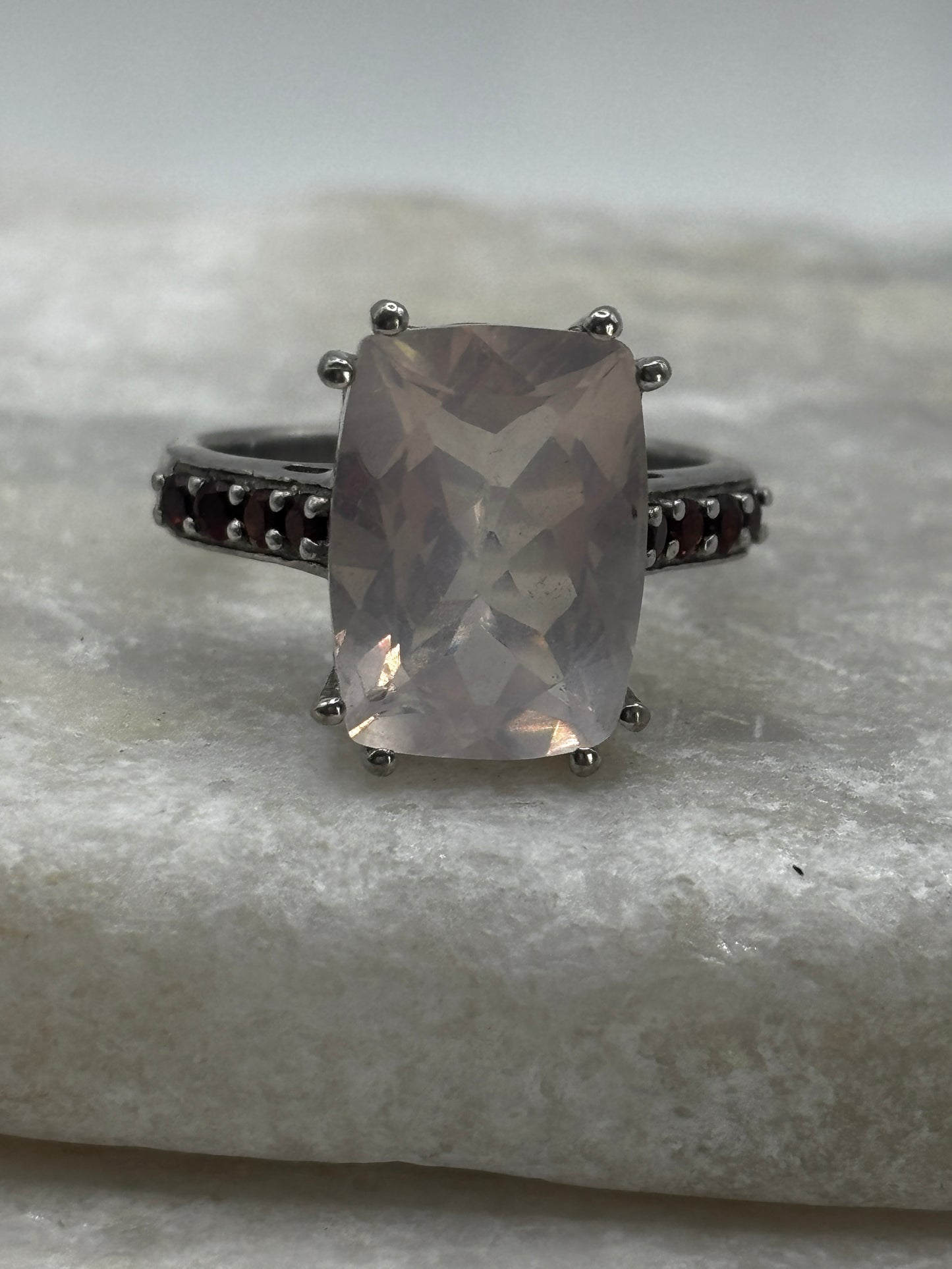 925 Sterling Silver Rose Quartz and Garnet Trilogy Ring - Size O