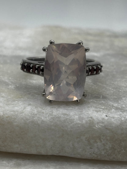 925 Sterling Silver Rose Quartz and Garnet Trilogy Ring - Size O