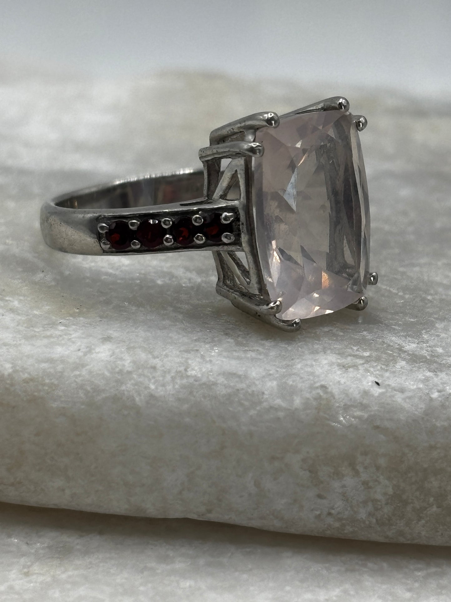 925 Sterling Silver Rose Quartz and Garnet Trilogy Ring - Size O