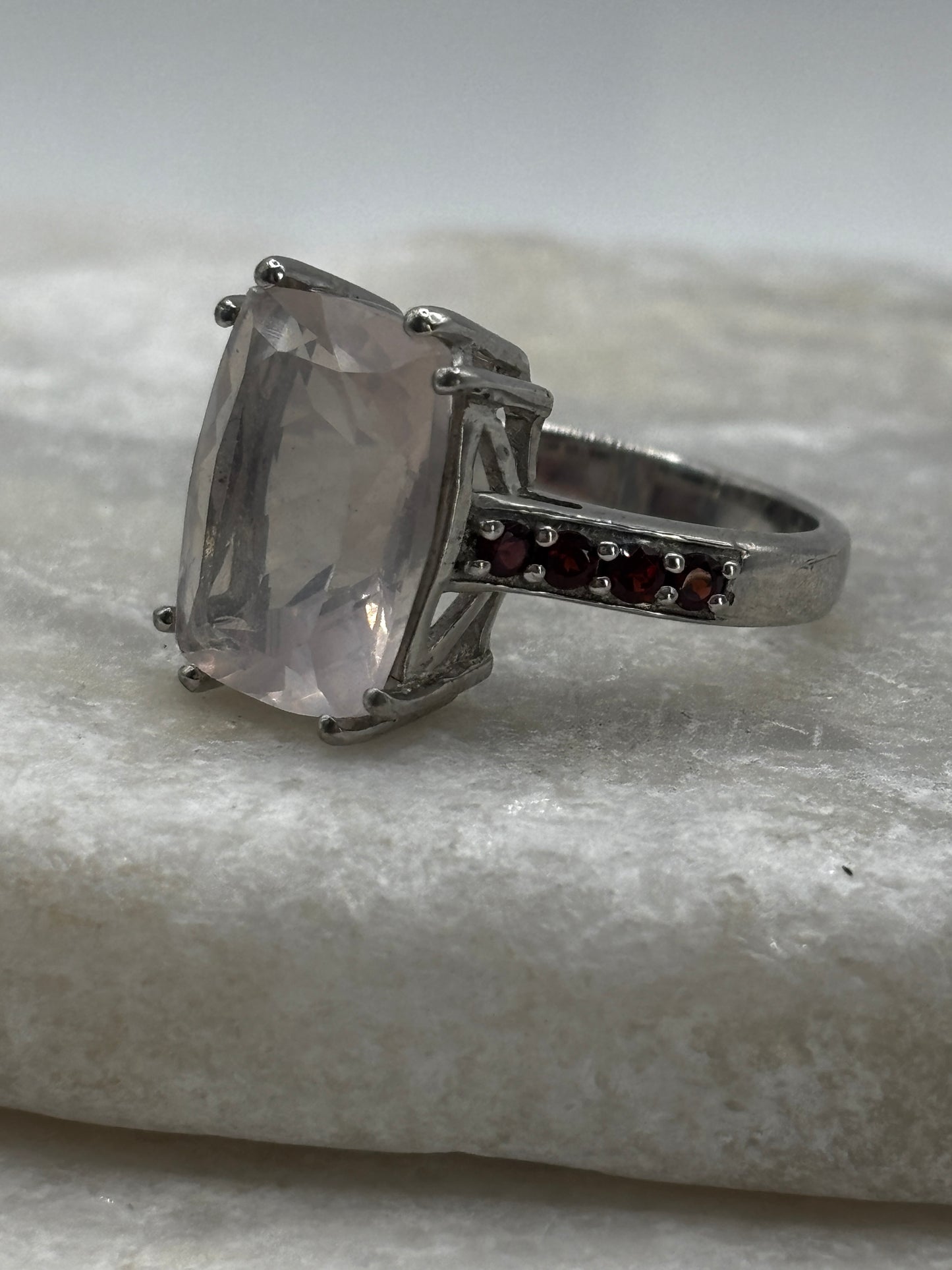 925 Sterling Silver Rose Quartz and Garnet Trilogy Ring - Size O