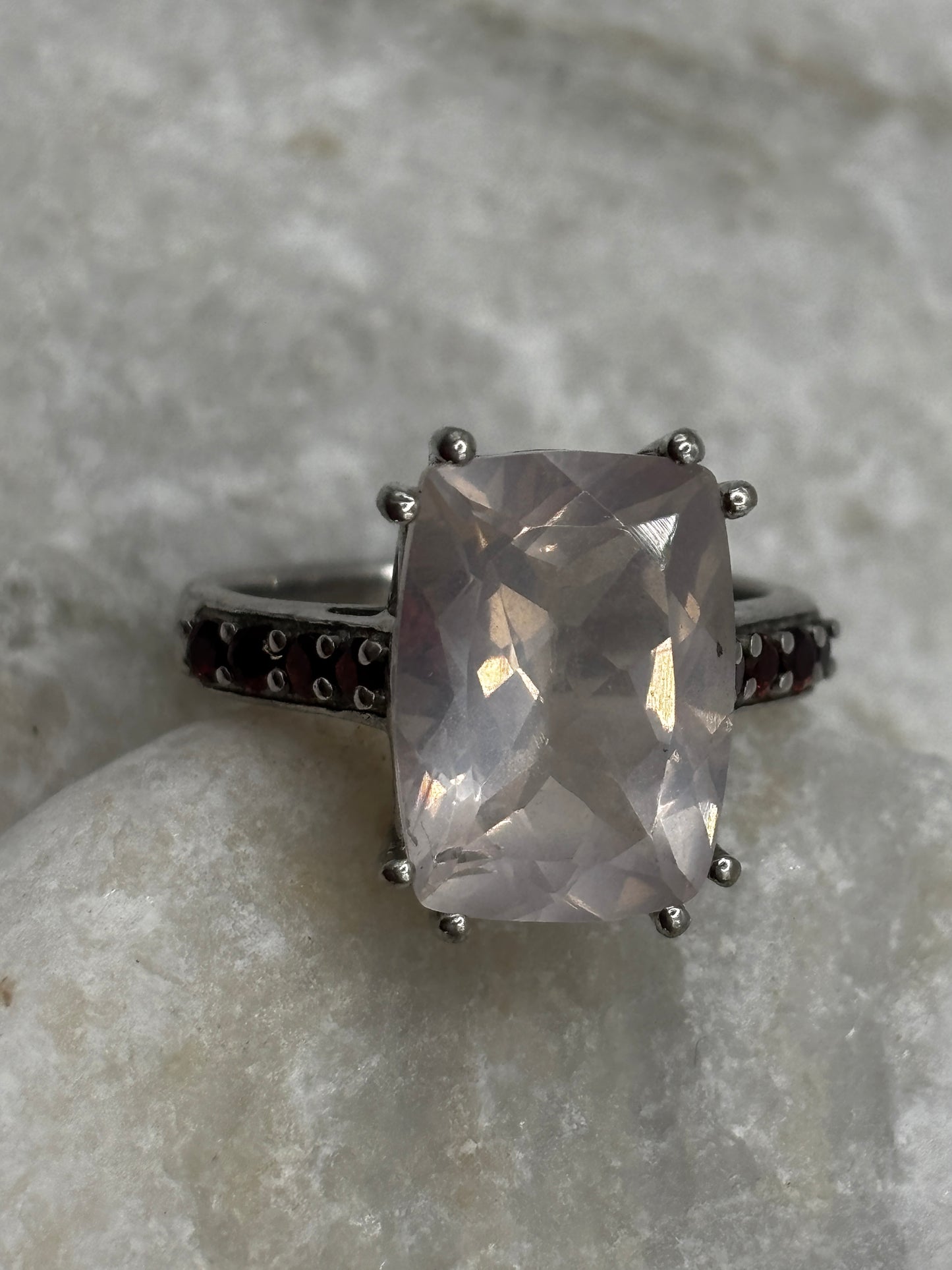 925 Sterling Silver Rose Quartz and Garnet Trilogy Ring - Size O
