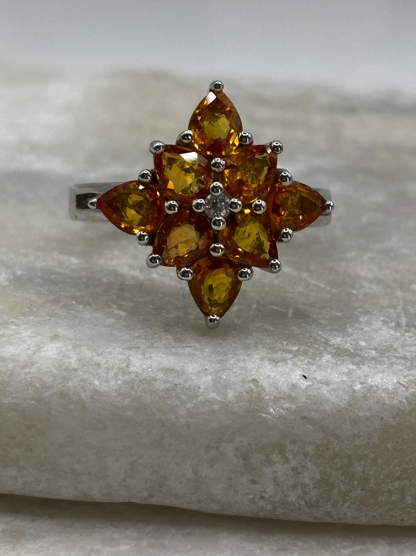 925 Sterling Silver Orange Garnet Cluster Ring - Size N / O
