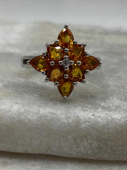 925 Sterling Silver Orange Garnet Cluster Ring - Size N / O