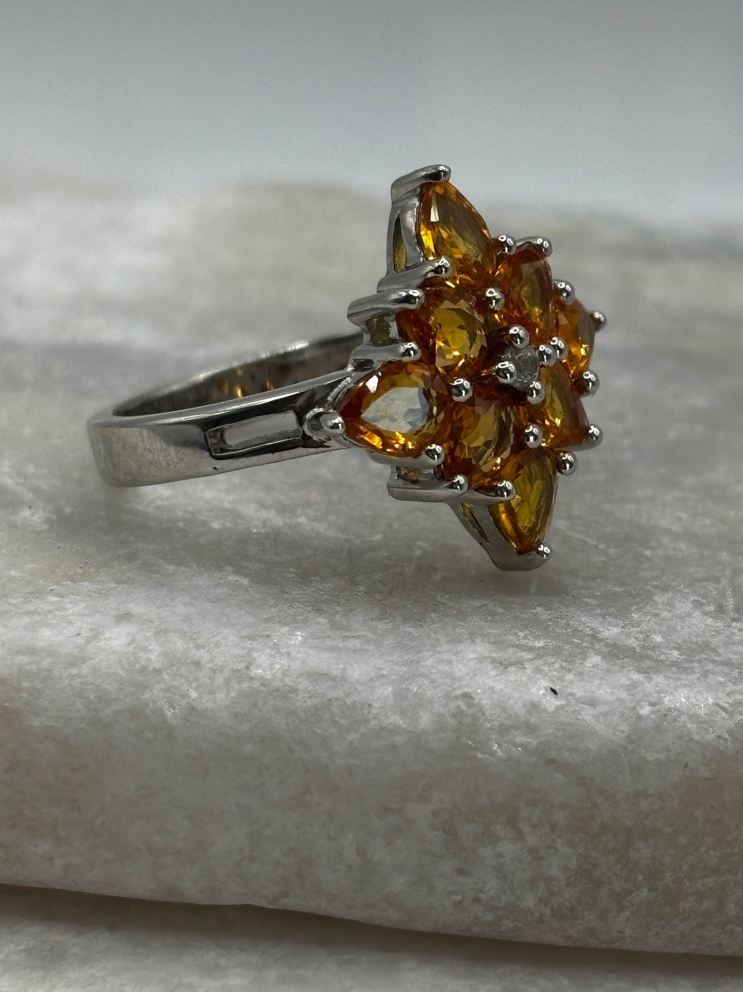 925 Sterling Silver Orange Garnet Cluster Ring - Size N / O