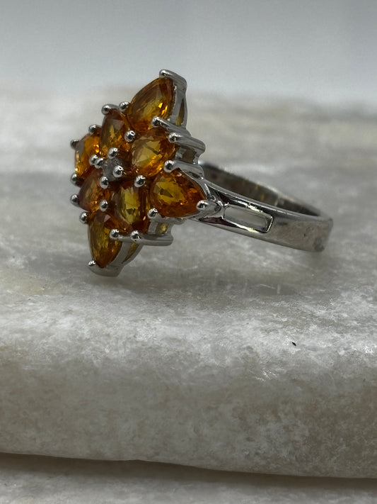 925 Sterling Silver Orange Garnet Cluster Ring - Size N / O