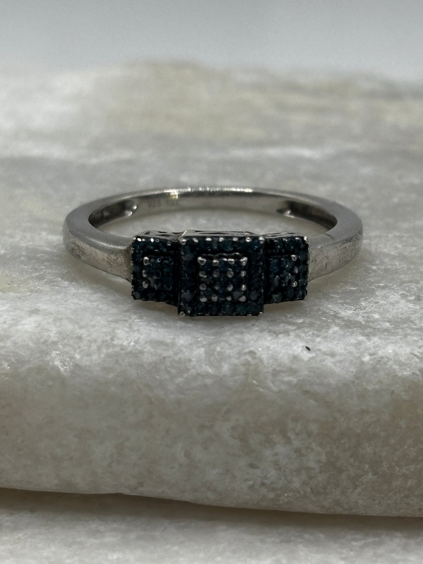 925 Sterling Silver Blue Diamond Trilogy Ring - Size O