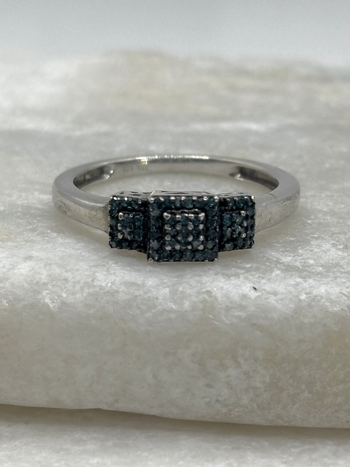 925 Sterling Silver Blue Diamond Square Trilogy Ring - Size O