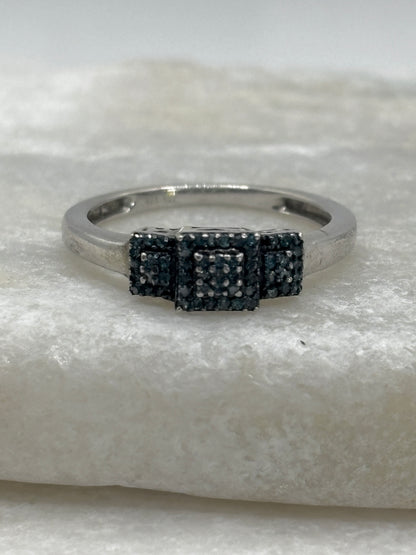 925 Sterling Silver Blue Diamond Square Trilogy Ring - Size O