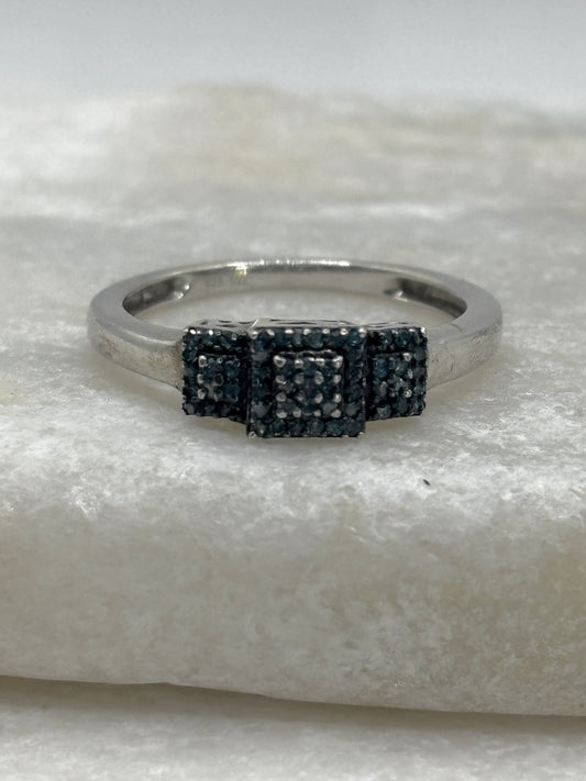 925 Sterling Silver Blue Diamond Square Trilogy Ring - Size O