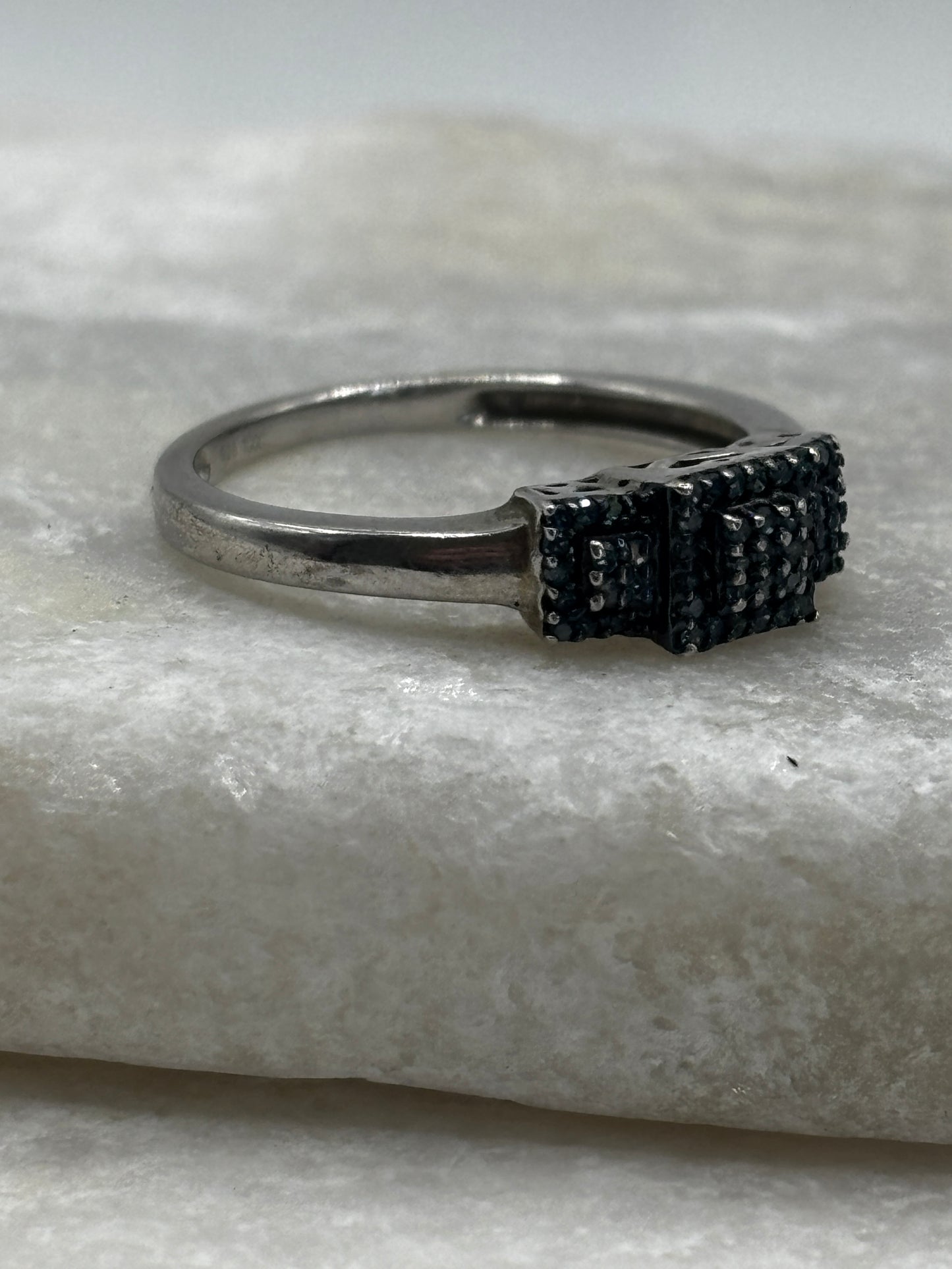 925 Sterling Silver Blue Diamond Trilogy Ring - Size O