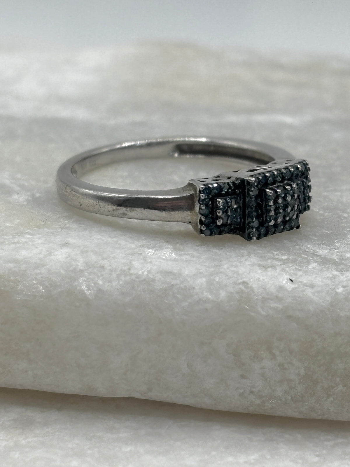 925 Sterling Silver Blue Diamond Square Trilogy Ring - Size O