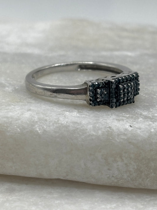 925 Sterling Silver Blue Diamond Square Trilogy Ring - Size O
