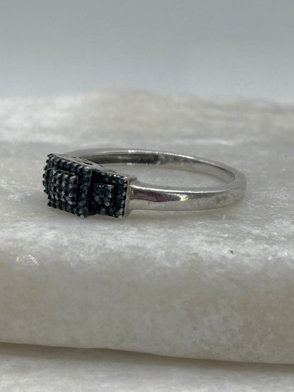 925 Sterling Silver Blue Diamond Square Trilogy Ring - Size O