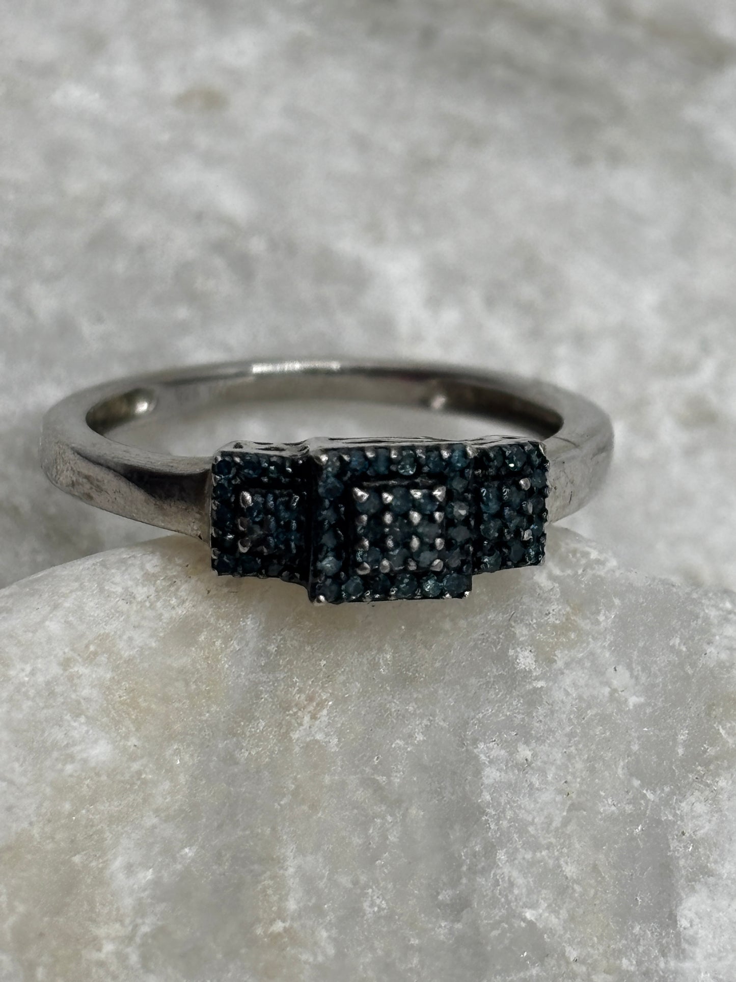 925 Sterling Silver Blue Diamond Trilogy Ring - Size O