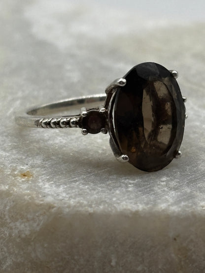 925 Sterling Silver Smoky Quartz Trilogy Ring - Size P