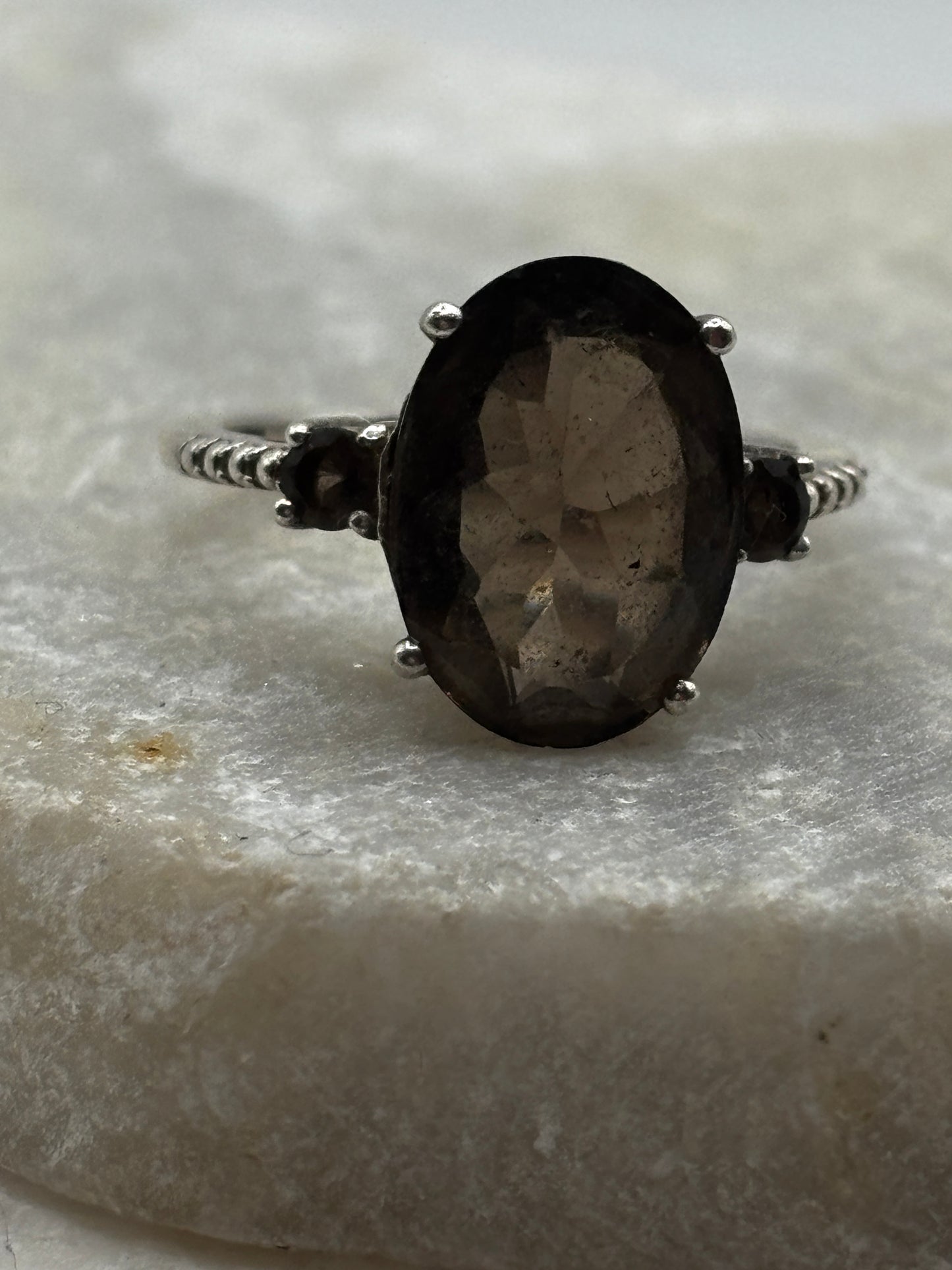 925 Sterling Silver Smoky Quartz Trilogy Ring - Size P