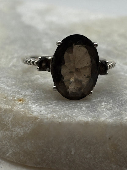 925 Sterling Silver Smoky Quartz Trilogy Ring - Size P