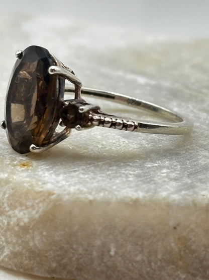 925 Sterling Silver Smoky Quartz Trilogy Ring - Size P