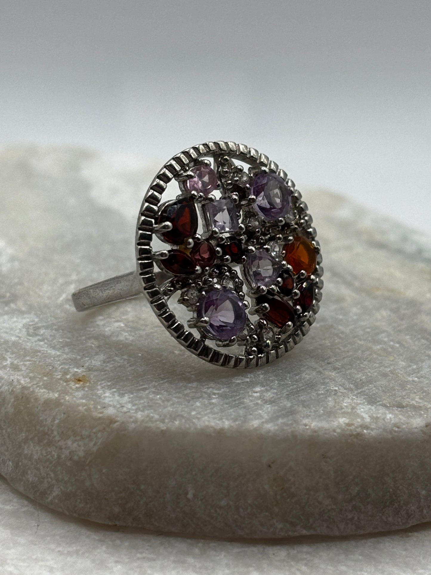925 Sterling Silver multi gem round ring - Size P