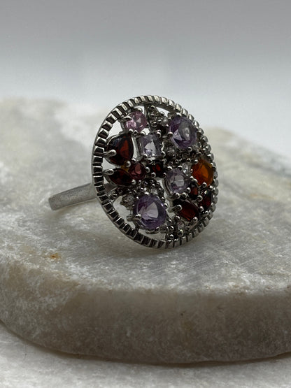 925 Sterling Silver multi gem round ring - Size P