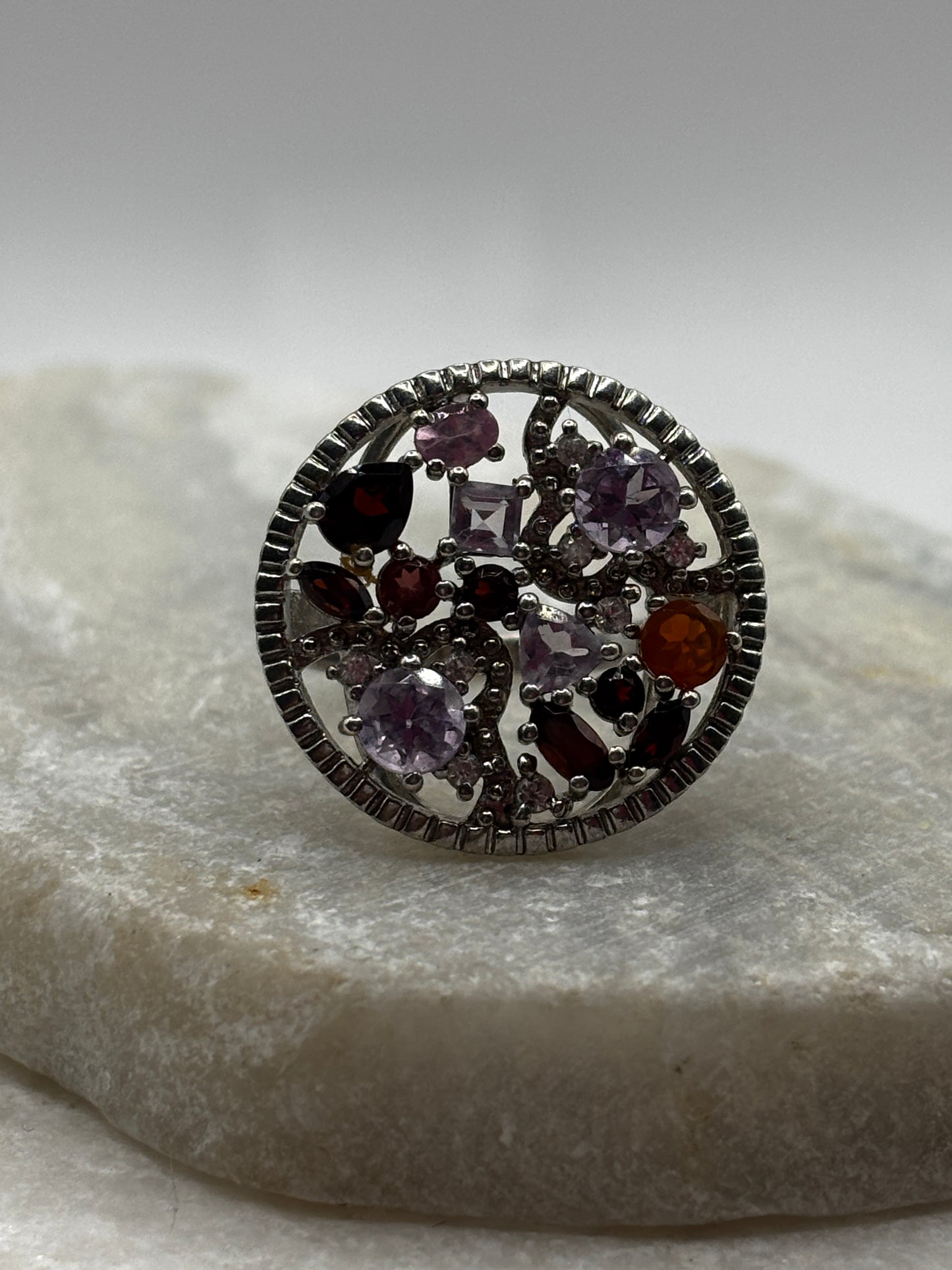 925 Sterling Silver multi gem round ring - Size P
