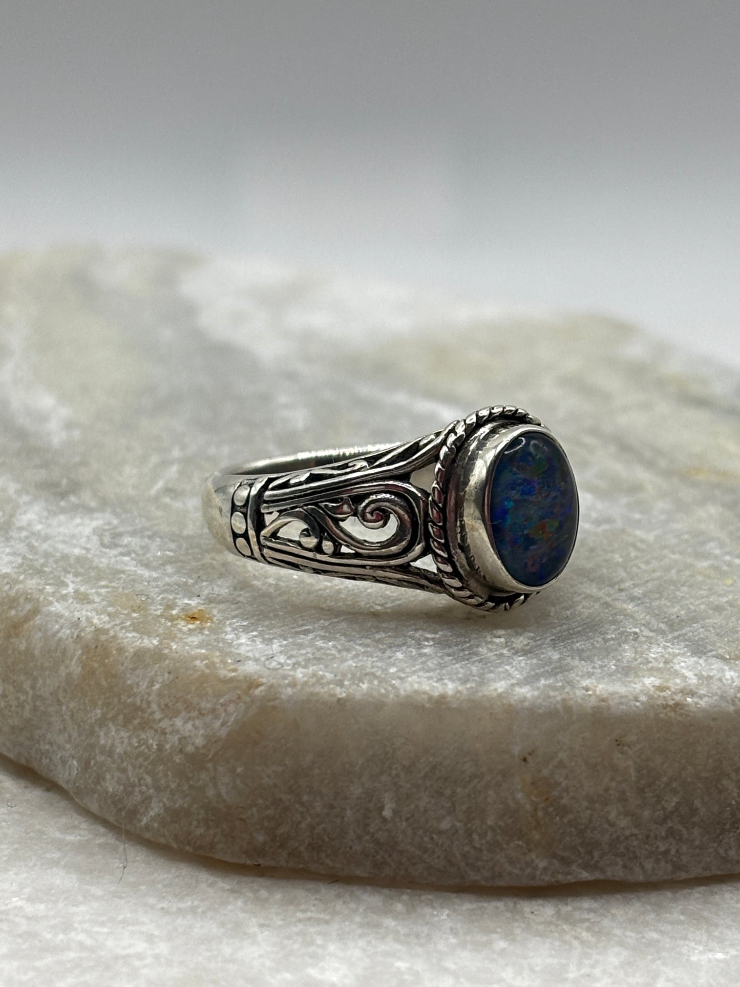 925 Sterling Silver Boho Opal Doublet Signet Ring - Size P