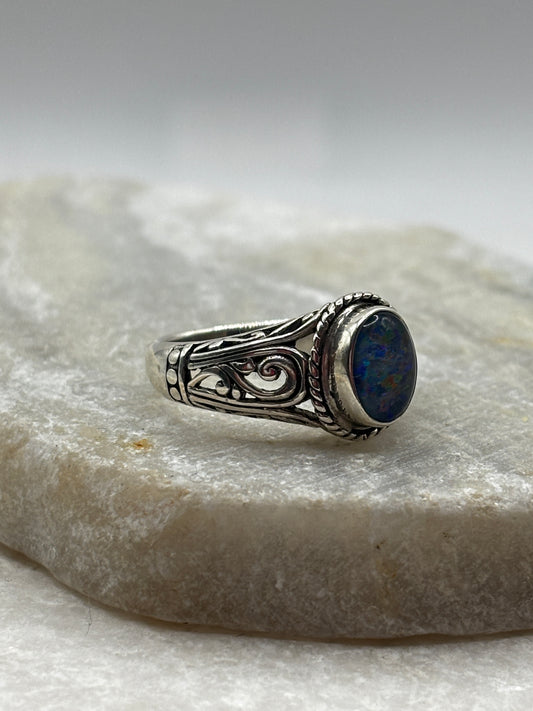 925 Sterling Silver Boho Opal Doublet Ring - Size P
