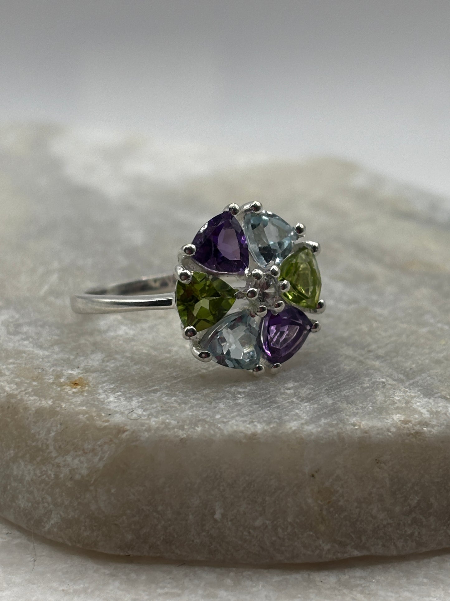925 Sterling Silver Amethyst, Peridod, Topaz Pin Wheel Ring - Size P