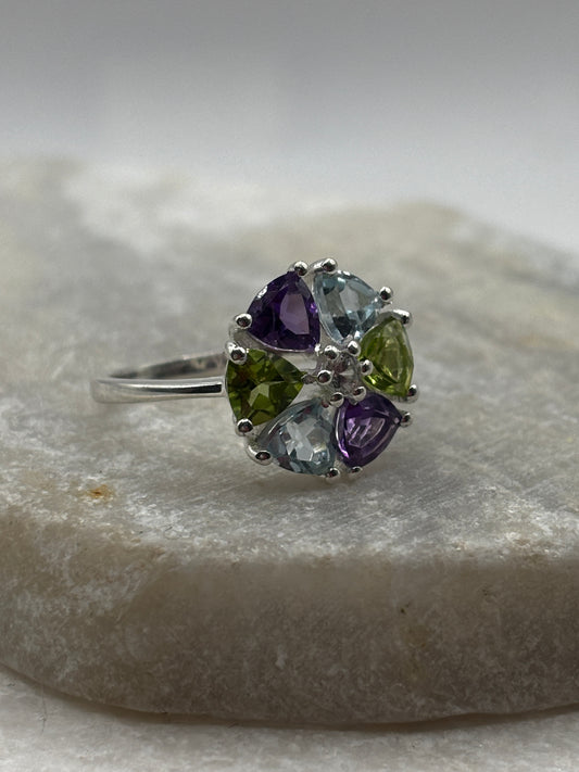 925 Sterling Silver Amethyst, Peridod, Topaz Pin Wheel Ring - Size P