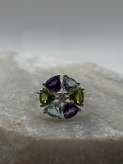 925 Sterling Silver Amethyst, Peridod, Topaz Pin Wheel Ring - Size P