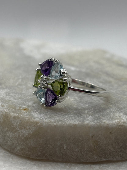 925 Sterling Silver Amethyst, Peridod, Topaz Pin Wheel Ring - Size P