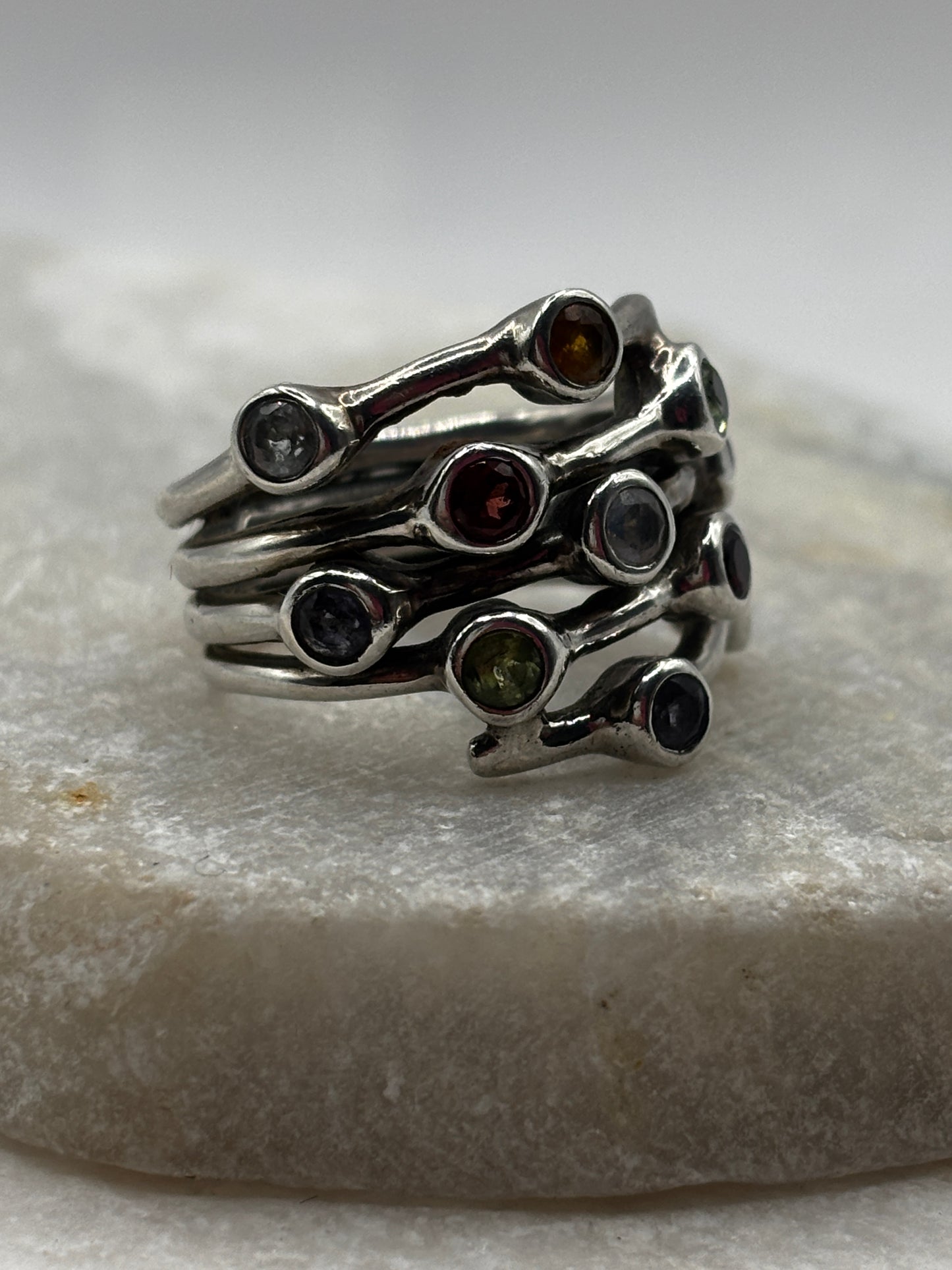 925 Sterling Silver Multi Gem Bubble Ring - Size P