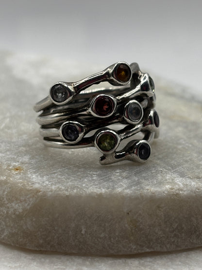 925 Sterling Silver Multi Gem Bubble Ring - Size P
