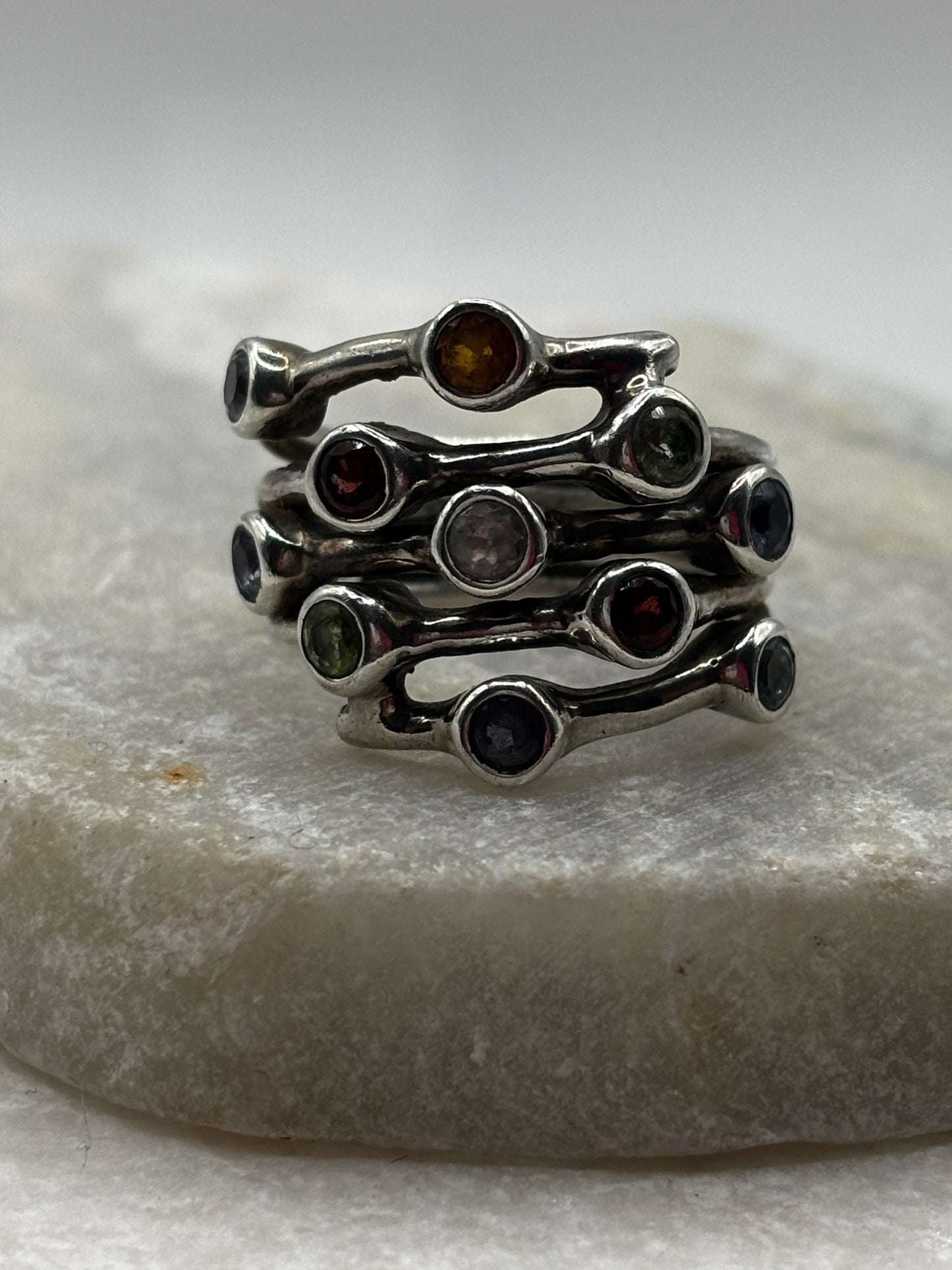 925 Sterling Silver Multi Gem Bubble Ring - Size P